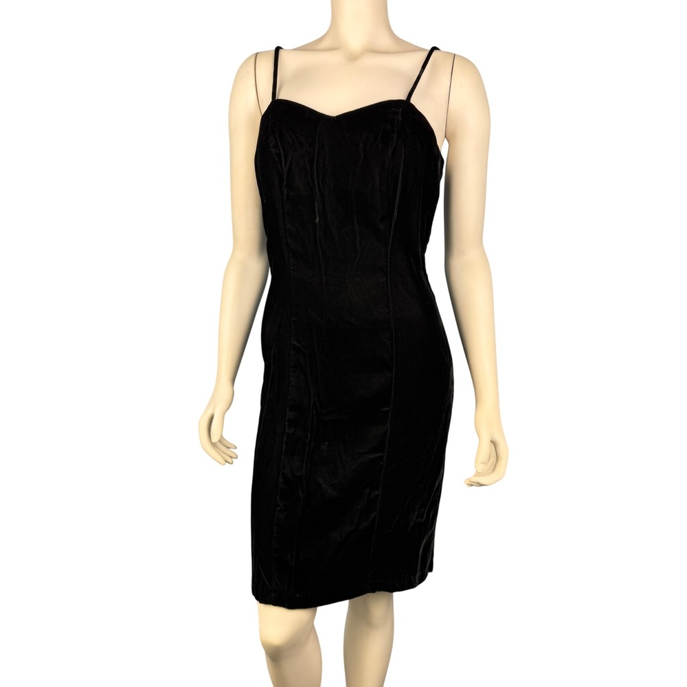 Vintage 90s Paquette Too 6 Velvet Bodycon‎ Dress Black Spaghetti Straps Made USA